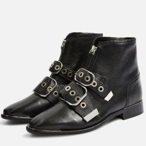 TOPSHOP Front Zip Buckle Combat Moto Ankle Leather Boots